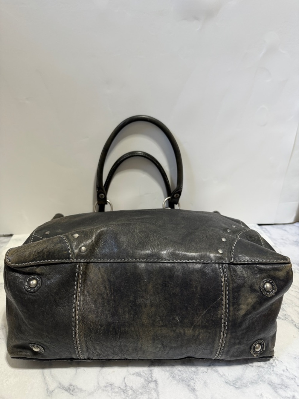 Frye Melissa rustic distressed black leather silver studded moto large tote bag - Picture 6 of 13